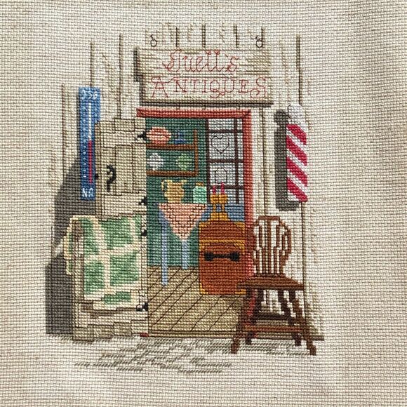 Needlepoint Picture Juells Antiques Shop Vtg Handmade 90 Unframed Cross Stitch - Picture 1 of 9